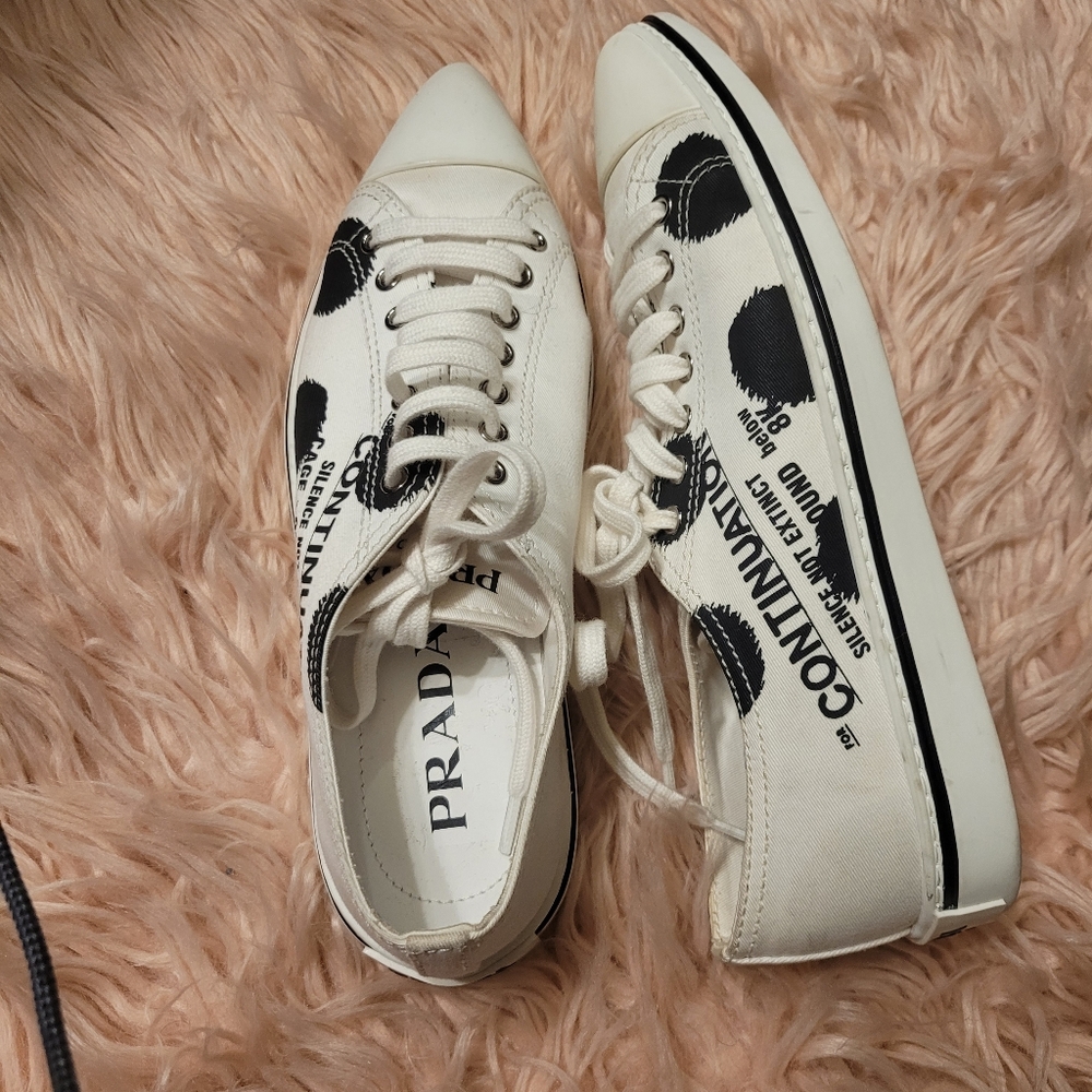 Prada Women's 1E617M White Fabric Synthesis Polka Dot Pointy Sneakr - Picture 3 of 7